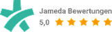 Review badge featuring a five-star rating and the text "Jameda Bewertungen 5,0". The design includes a logo and emphasizes a perfect rating, indicating high quality or satisfaction.