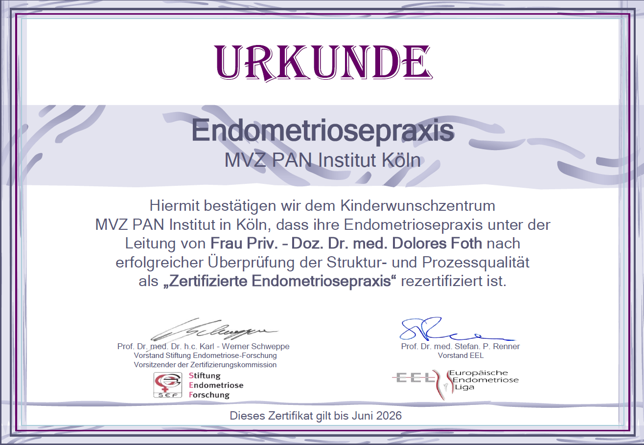 Urkunde für die Endometriosepraxis am MVZ PAN Institut Köln. Bestätigung der Zertifizierung nach erfolgreicher Überprüfung der Struktur- und Prozessqualität. Gültig bis Juni 2026. Unterzeichnet von mehreren Fachleuten und Institutionen.
