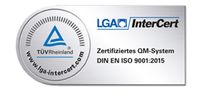 Certification badge for a quality management system. It features the logos of TÜV Rheinland and LGAI InterCert, along with the text "Zertifiziertes QM-System DIN EN ISO 9001:2015," indicating compliance with international quality standards.