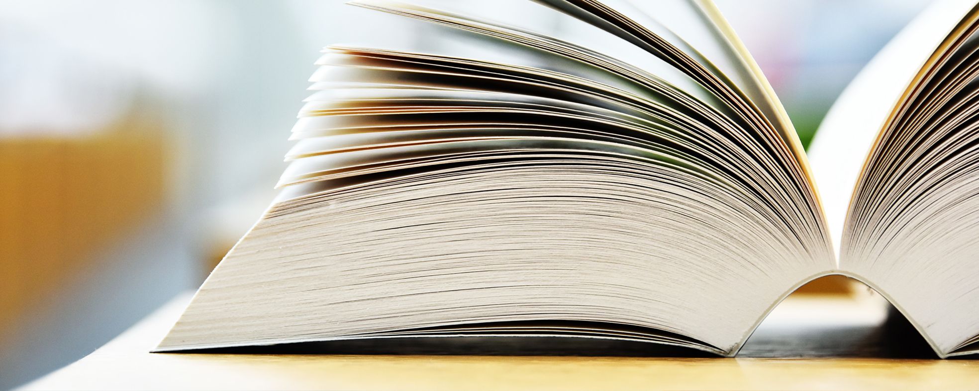 Ein offen daliegendes Buch, dessen Seiten leicht angehoben sind, zeigt ein Detail der Buchrückenstruktur. Die Seiten sind hell und glänzend, was auf eine neue oder gut erhaltene Ausgabe hindeutet. Der Hintergrund ist unscharf und unfokussiert.