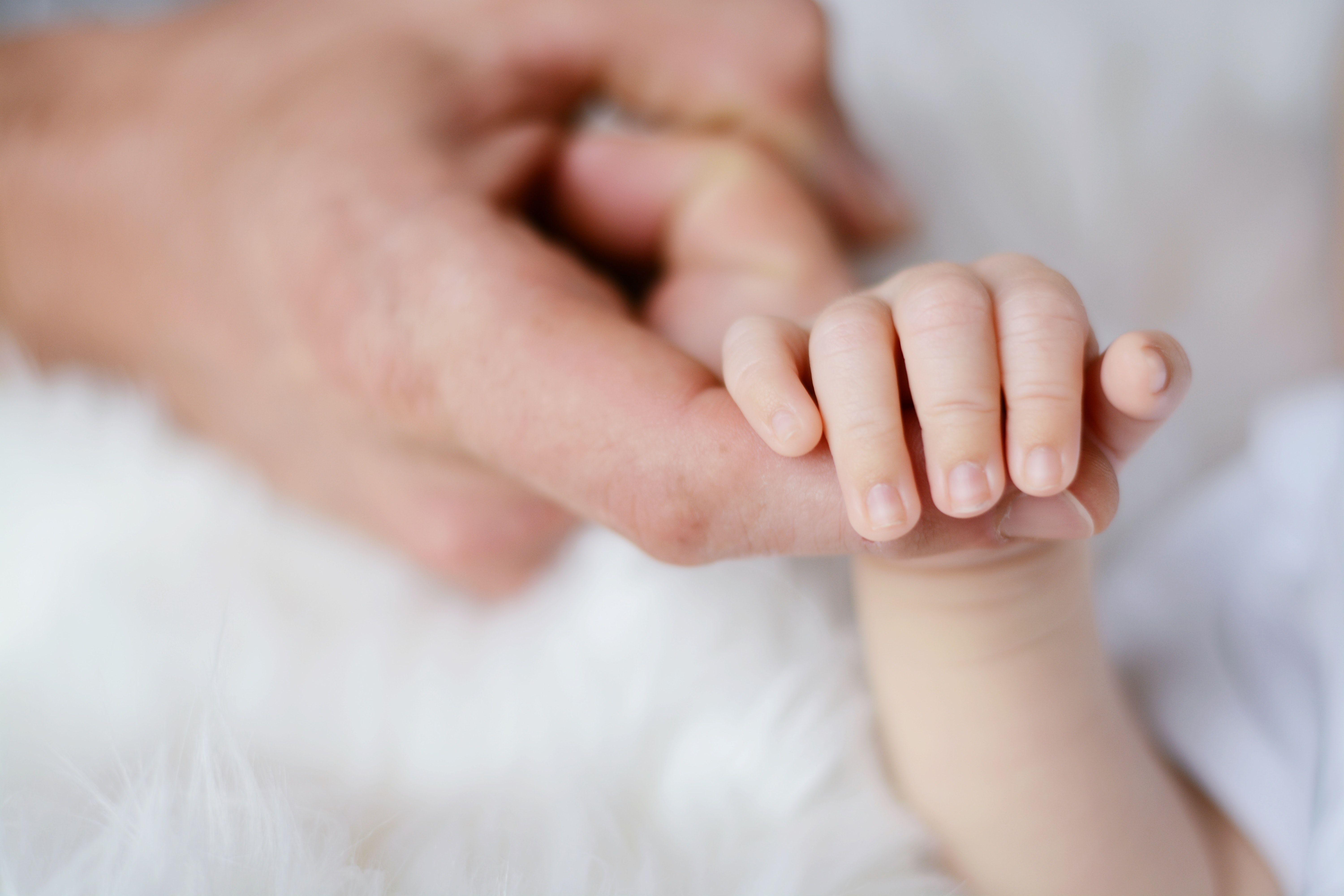 A close-up of an adult hand gently holding a small baby's hand. The hands are positioned on a soft, fluffy surface, highlighting the tender connection between them.