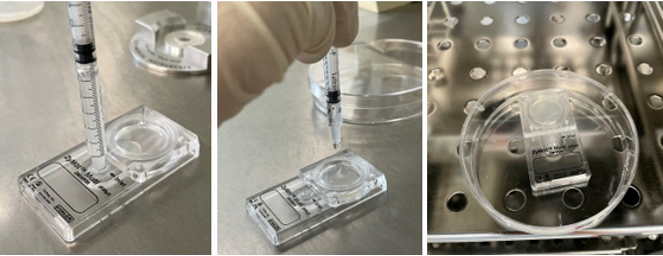 Die Bilder zeigen den Prozess der Pipettierung einer Flüssigkeit in eine transparente Kunststoffplatte. Eine Spritze wird verwendet, um präzise Mengen aufzutragen. Diese Technik wird häufig in Laborexperimenten angewendet.