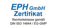 Image shows a certification logo for EPH GmbH, indicating compliance with cleanliness standards according to DIN ISO 14644 and EG-GMP regulations. The words "Zertifikat" and "Reinheitsklasse" emphasize the certification of cleanliness class.