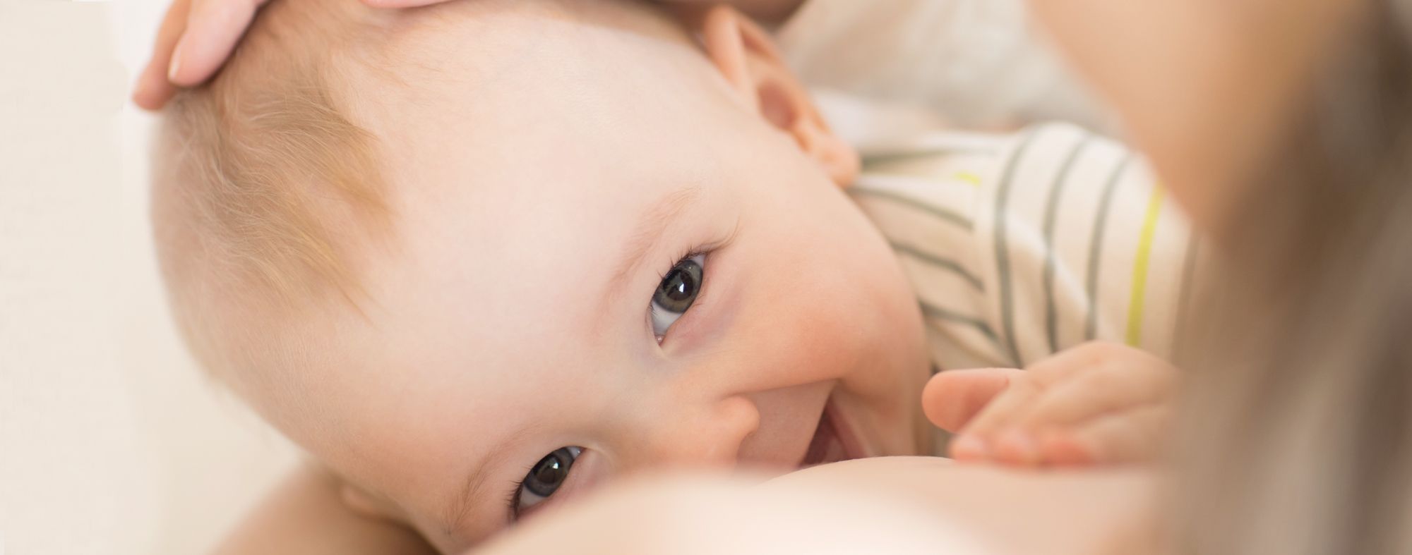 A close-up image of a smiling baby resting against a caregiver, with the baby's hand on the caregiver's chest. The baby has short light hair and bright eyes, conveying a sense of comfort and affection in a nurturing moment.