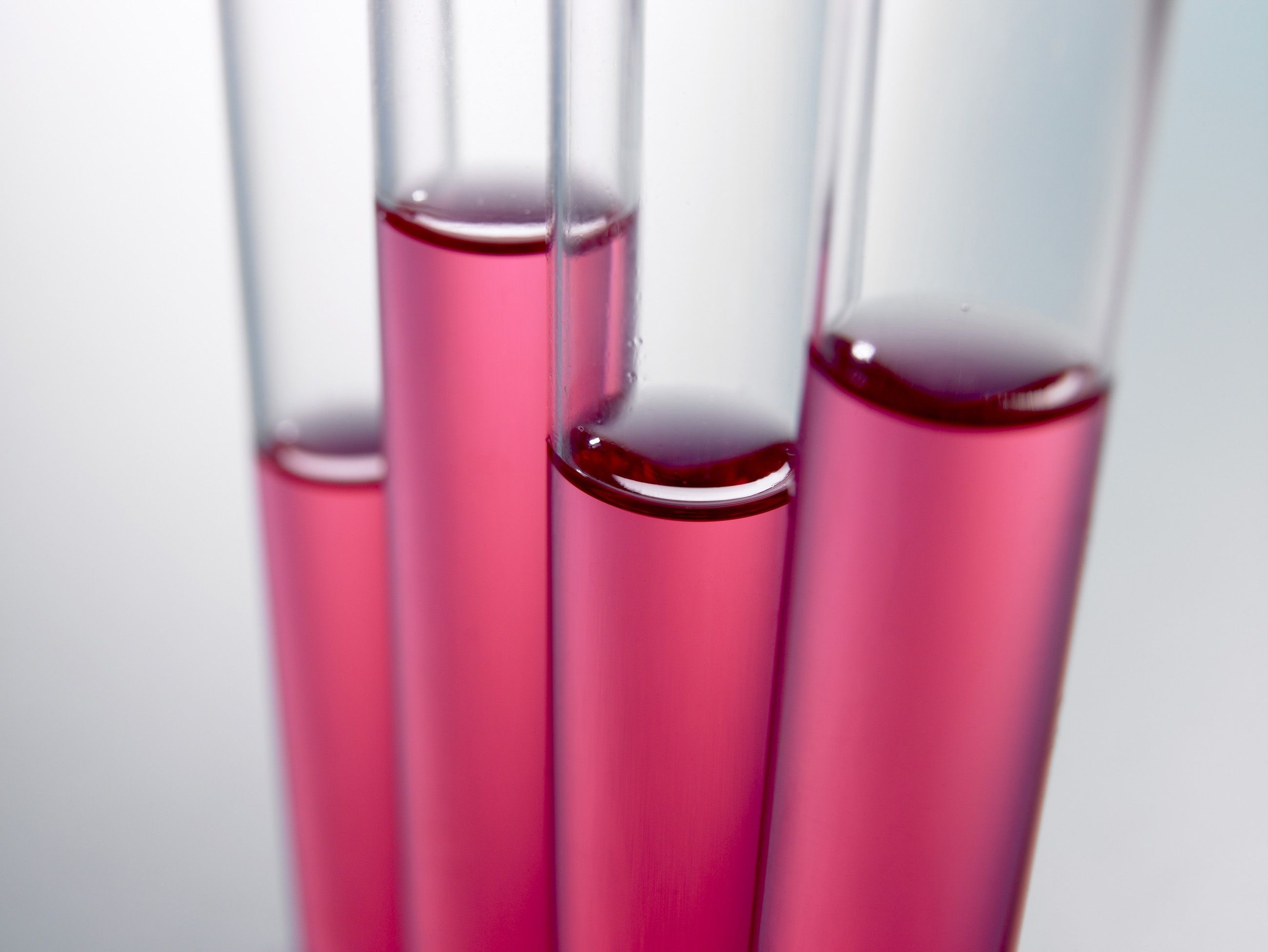 Three test tubes filled with a bright pink liquid are arranged closely together. The liquid appears clear and glossy, reflecting light. The background is softly blurred, enhancing the focus on the test tubes.